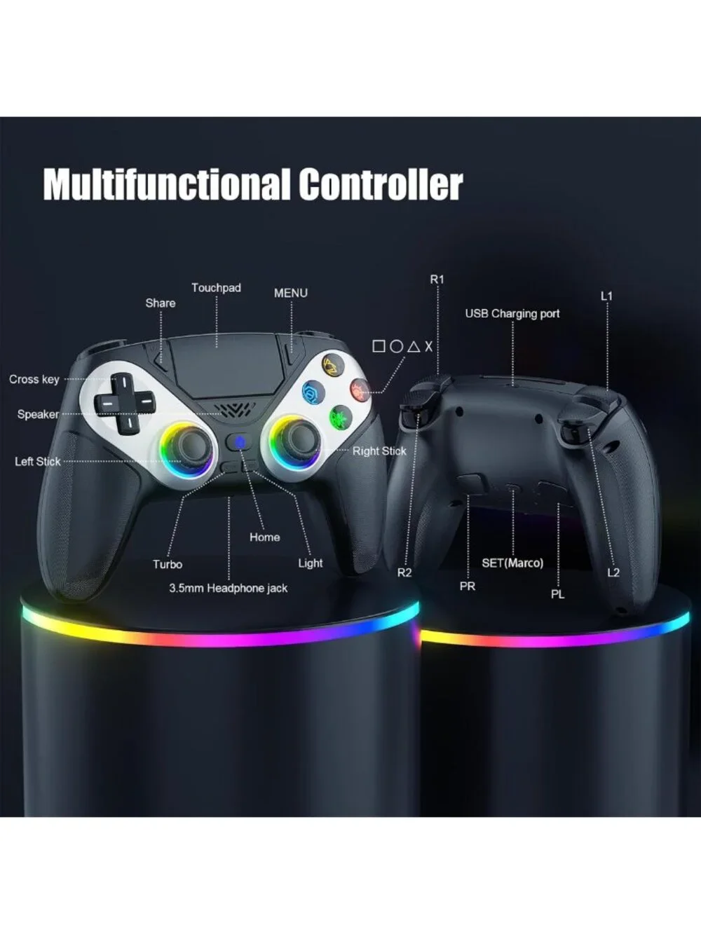 Wireless LED Game Controller for PS5, Pro, Slim & PC - Dual Vibration, Turbo